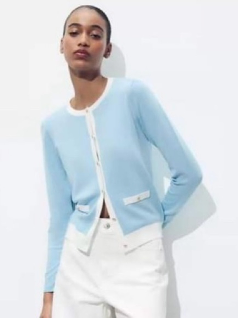 NWOT Zara Light Blue Contrast White Trim Cardigan w/ Gold Buttons Size XXL